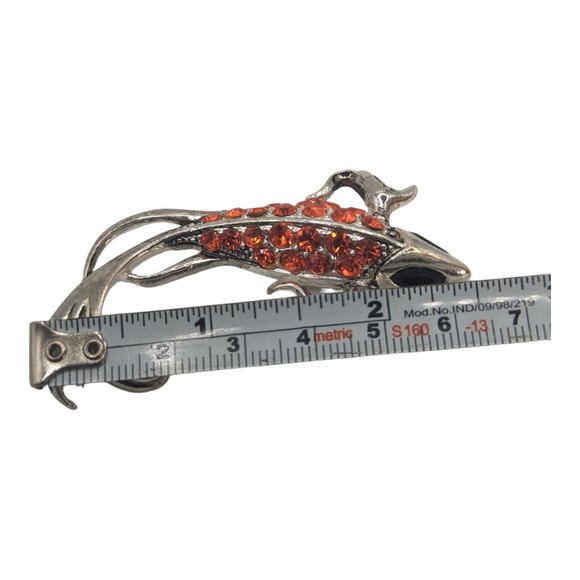 Silver Tone Metal Fish Pendant w/ Rhinestones Orange Fantail Carp Black Eyes - Picture 5 of 5